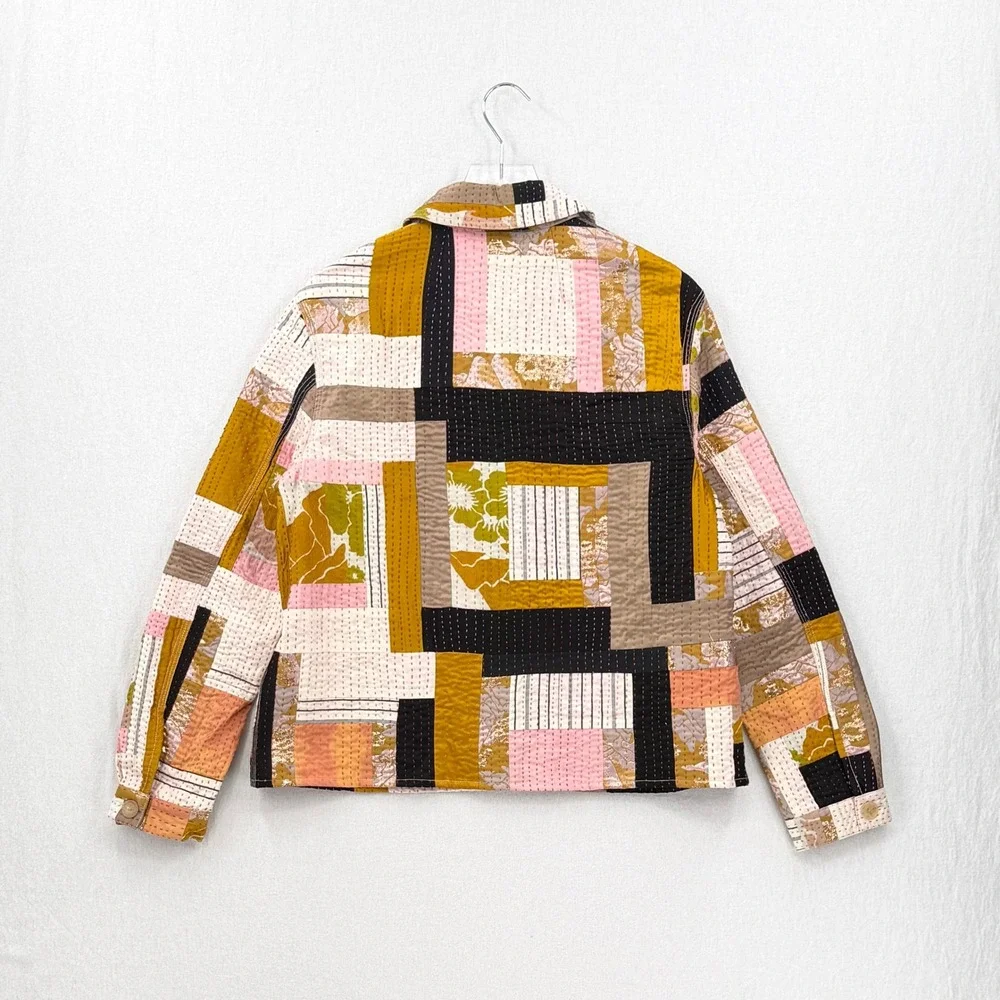 SSONE Kantha Jacket Women 14 Yellow Cream Boho Quilted Patchwork Chore Button Up - Picture 4 of 13